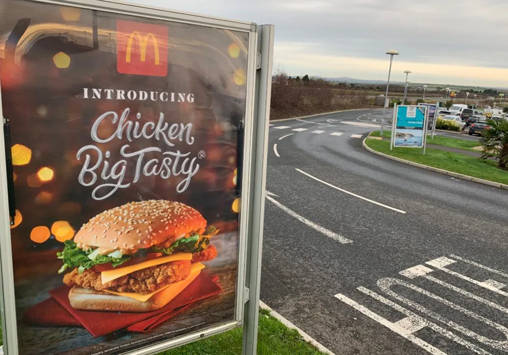Motorway Advertising Posters – Motorway Adverts An example of McDonalds advertising at motorway services.